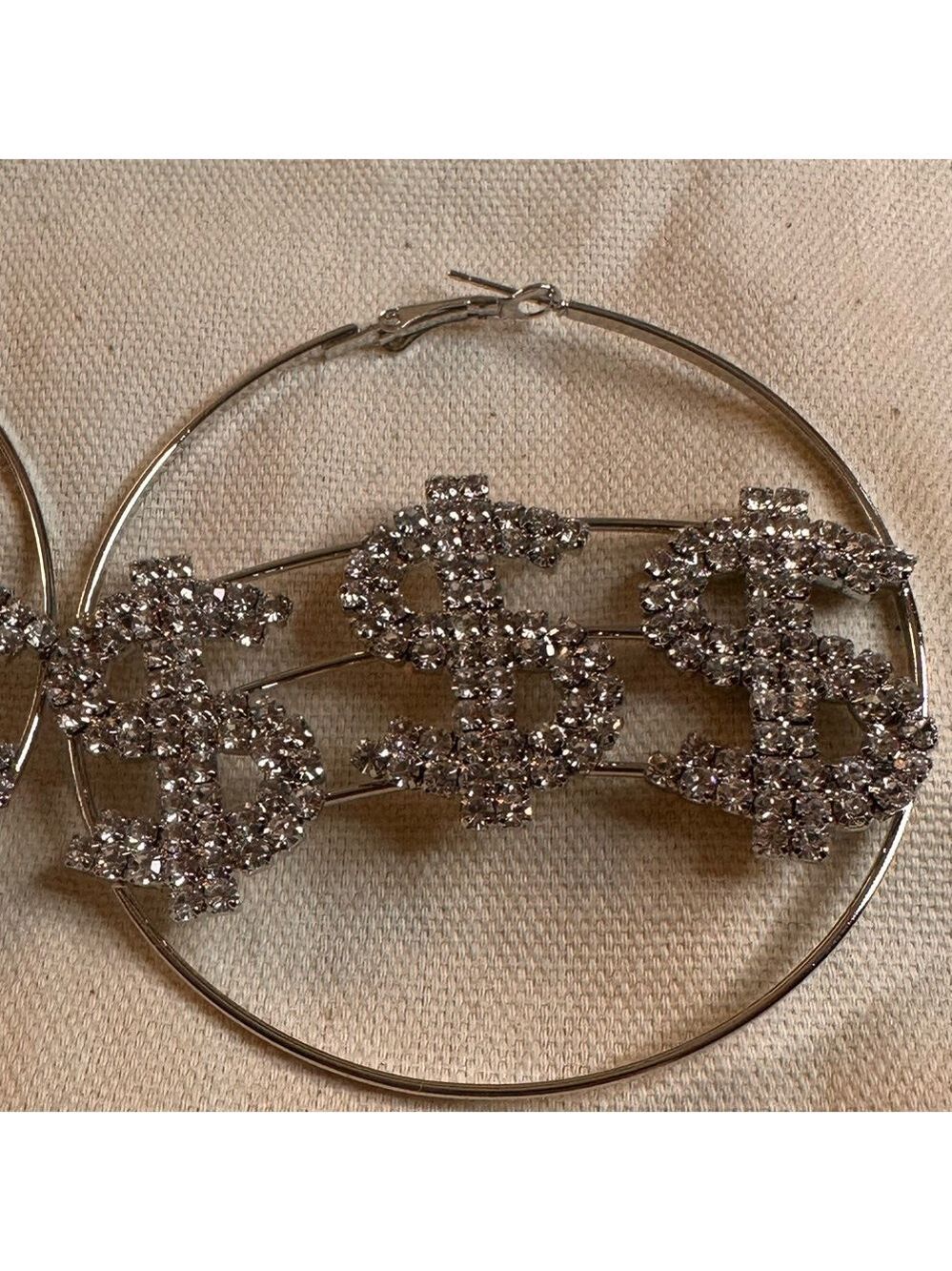 Silver Hoop Earrings with Sparkling Dollar Sign Charms - Picture 4 of 7